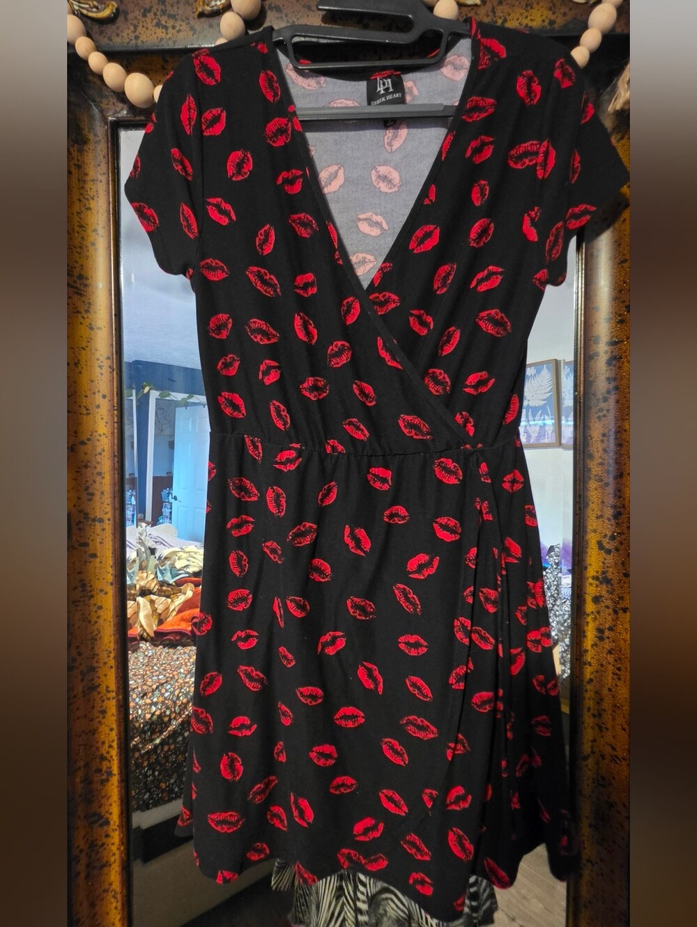 Derek Heart Black Mini Dress with Red Lip Print